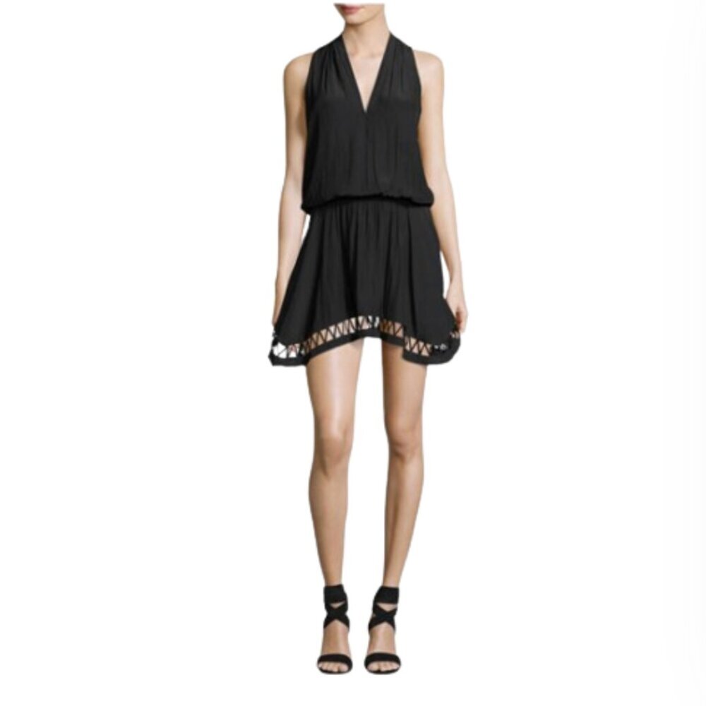Ramy Brook Hunter Mini Dress Womens Xs Black V-Neck Sleeveless Lattice Hem Trim